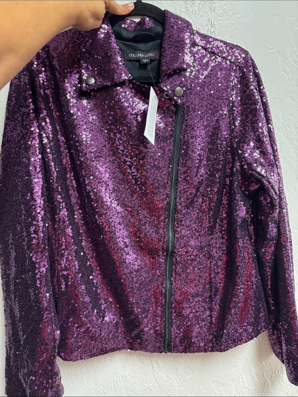 Colleen Lopez Purple Sequin Moto Jacket with Zip Front